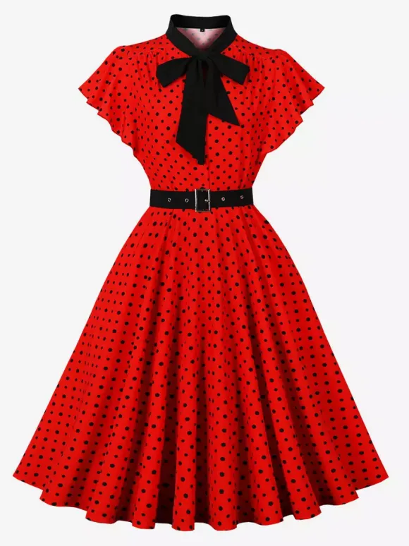 Polka Dot Shirt Dress With Tie And Belt Flutter Sleeve Vintage Midi Dress For Women 2026