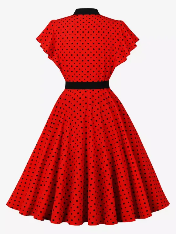 Polka Dot Shirt Dress With Tie And Belt Flutter Sleeve Vintage Midi Dress For Women 2026