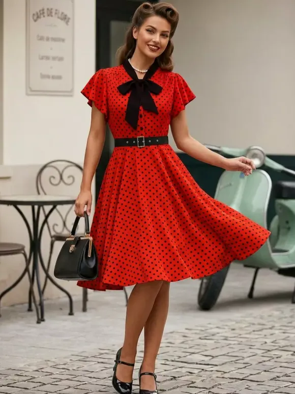 Polka Dot Shirt Dress With Tie And Belt Flutter Sleeve Vintage Midi Dress For Women 2026