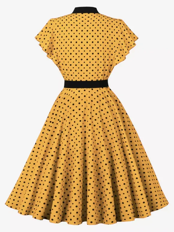 Polka Dot Shirt Dress With Tie And Belt Flutter Sleeve Vintage Midi Dress For Women 2026