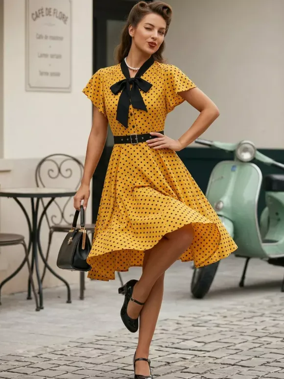 Polka Dot Shirt Dress With Tie And Belt Flutter Sleeve Vintage Midi Dress For Women 2026