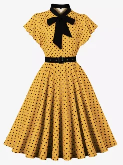 Polka Dot Shirt Dress With Tie And Belt Flutter Sleeve Vintage Midi Dress For Women 2026
