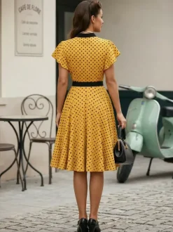 Polka Dot Shirt Dress With Tie And Belt Flutter Sleeve Vintage Midi Dress For Women 2026