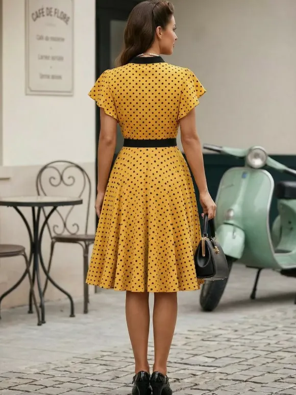 Polka Dot Shirt Dress With Tie And Belt Flutter Sleeve Vintage Midi Dress For Women 2026