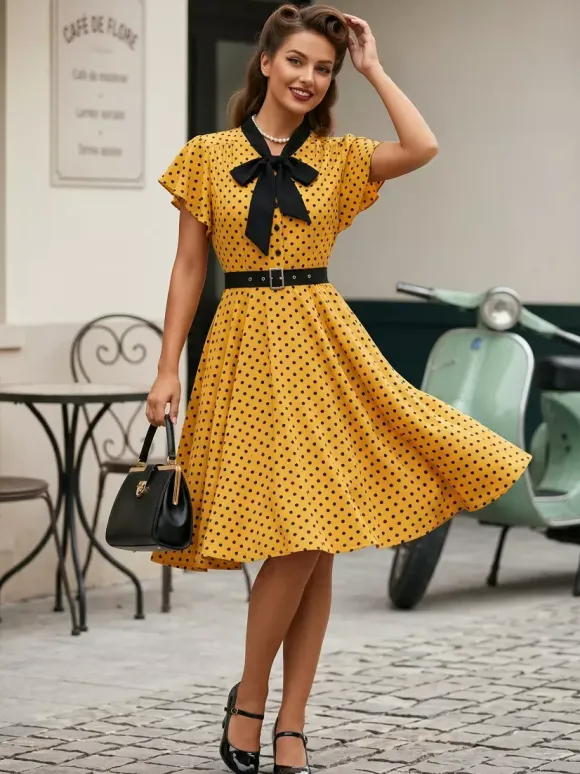 Polka Dot Shirt Dress With Tie And Belt Flutter Sleeve Vintage Midi Dress For Women 2026