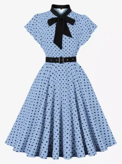 Polka Dot Shirt Dress With Tie And Belt Flutter Sleeve Vintage Midi Dress For Women 2026