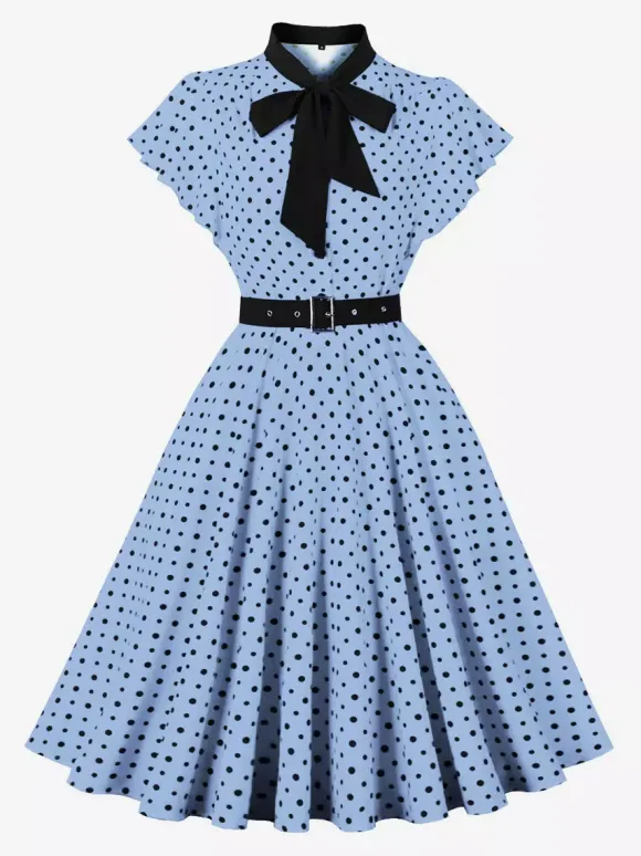 Polka Dot Shirt Dress With Tie And Belt Flutter Sleeve Vintage Midi Dress For Women 2026