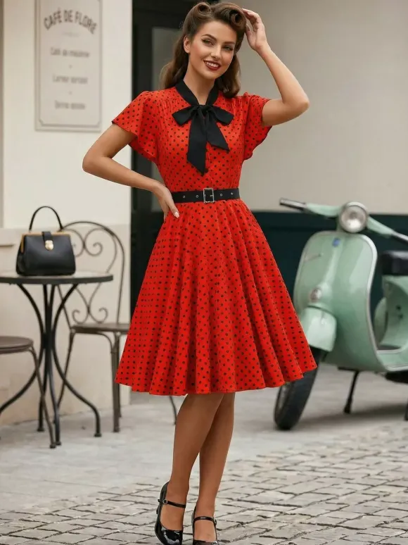 Polka Dot Shirt Dress With Tie And Belt Flutter Sleeve Vintage Midi Dress For Women 2026