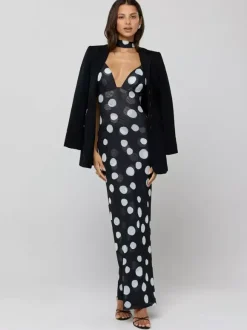 Polka Dot Slip Maxi Dress For Women - Vintage Deep V Neck Backless Bodycon Long Dress With Scarf - Summer Party Night 2026