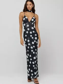 Polka Dot Slip Maxi Dress For Women - Vintage Deep V Neck Backless Bodycon Long Dress With Scarf - Summer Party Night 2026