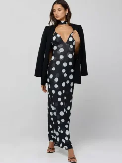 Polka Dot Slip Maxi Dress For Women - Vintage Deep V Neck Backless Bodycon Long Dress With Scarf - Summer Party Night 2026