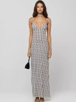 Polka Dot Slip Maxi Dress For Women - Vintage Deep V Neck Backless Bodycon Long Dress With Scarf - Summer Party Night 2026