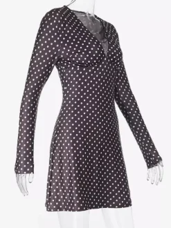 Polka Dot Women's Mini Dress - Chocolate Brown Vintage V Neck Long Sleeve Bodycon - Spring Vacation Party 2026