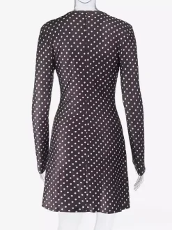 Polka Dot Women's Mini Dress - Chocolate Brown Vintage V Neck Long Sleeve Bodycon - Spring Vacation Party 2026