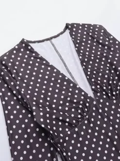 Polka Dot Women's Mini Dress - Chocolate Brown Vintage V Neck Long Sleeve Bodycon - Spring Vacation Party 2026
