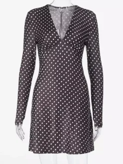 Polka Dot Women's Mini Dress - Chocolate Brown Vintage V Neck Long Sleeve Bodycon - Spring Vacation Party 2026