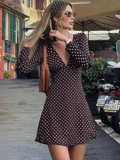 Polka Dot Women's Mini Dress - Chocolate Brown Vintage V Neck Long Sleeve Bodycon - Spring Vacation Party 2026