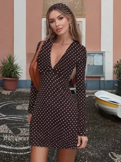 Polka Dot Women's Mini Dress - Chocolate Brown Vintage V Neck Long Sleeve Bodycon - Spring Vacation Party 2026