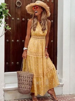 Polka Dot Boho Maxi Dress for Women - Lace Trim Tiered V Neck Sundress - Summer Beach Holiday 2026