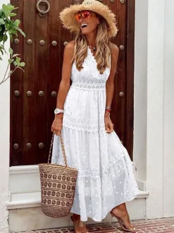 Polka Dot Boho Maxi Dress for Women - Lace Trim Tiered V Neck Sundress - Summer Beach Holiday 2026
