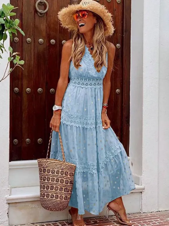 Polka Dot Boho Maxi Dress for Women - Lace Trim Tiered V Neck Sundress - Summer Beach Holiday 2026