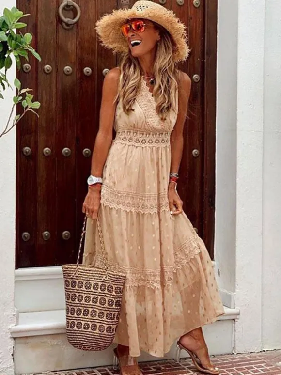Polka Dot Boho Maxi Dress for Women - Lace Trim Tiered V Neck Sundress - Summer Beach Holiday 2026