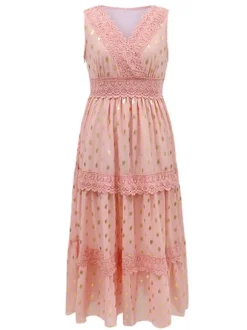 Polka Dot Boho Maxi Dress for Women - Lace Trim Tiered V Neck Sundress - Summer Beach Holiday 2026