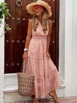 Polka Dot Boho Maxi Dress for Women - Lace Trim Tiered V Neck Sundress - Summer Beach Holiday 2026