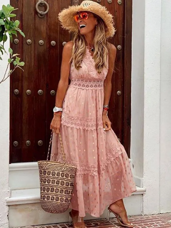 Polka Dot Boho Maxi Dress for Women - Lace Trim Tiered V Neck Sundress - Summer Beach Holiday 2026