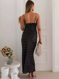 Polka Dot Cami Maxi Dress For Women - French Chic Lace Trim Tie Front Slim Slip Dress - Summer Picnic Party 2026