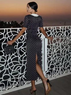 Polka Dot Maxi Dress For Women - Black Vintage Peter Pan Collar Bodycon Pencil Dress - Summer Date Night 2026