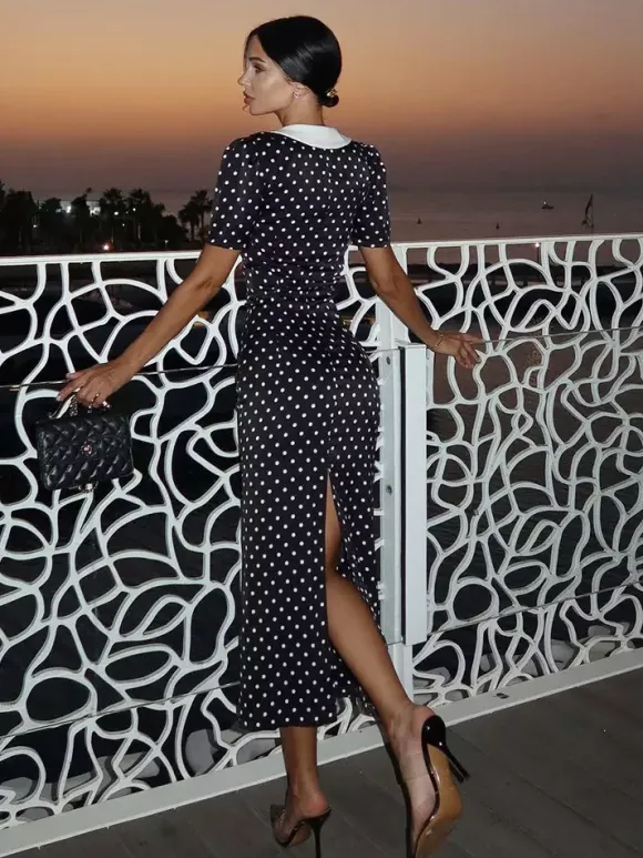Polka Dot Maxi Dress For Women - Black Vintage Peter Pan Collar Bodycon Pencil Dress - Summer Date Night 2026