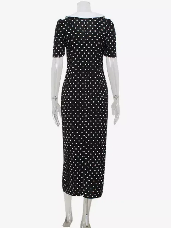 Polka Dot Maxi Dress For Women - Black Vintage Peter Pan Collar Bodycon Pencil Dress - Summer Date Night 2026