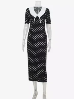 Polka Dot Maxi Dress For Women - Black Vintage Peter Pan Collar Bodycon Pencil Dress - Summer Date Night 2026