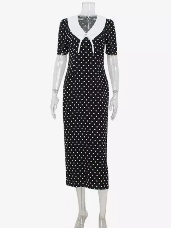 Polka Dot Maxi Dress For Women - Black Vintage Peter Pan Collar Bodycon Pencil Dress - Summer Date Night 2026