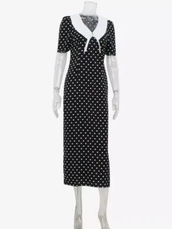 Polka Dot Maxi Dress For Women - Black Vintage Peter Pan Collar Bodycon Pencil Dress - Summer Date Night 2026