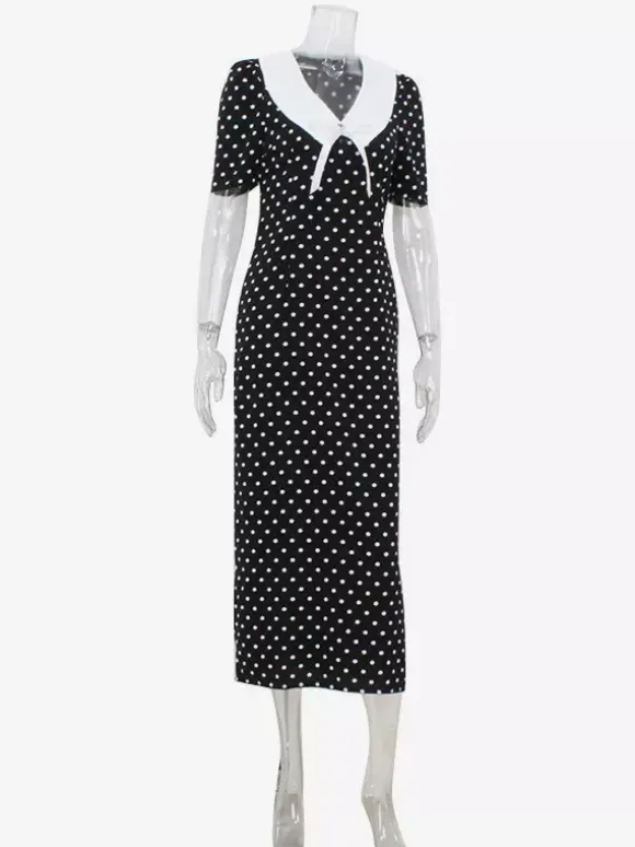 Polka Dot Maxi Dress For Women - Black Vintage Peter Pan Collar Bodycon Pencil Dress - Summer Date Night 2026