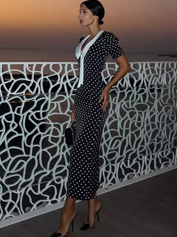 Polka Dot Maxi Dress For Women - Black Vintage Peter Pan Collar Bodycon Pencil Dress - Summer Date Night 2026