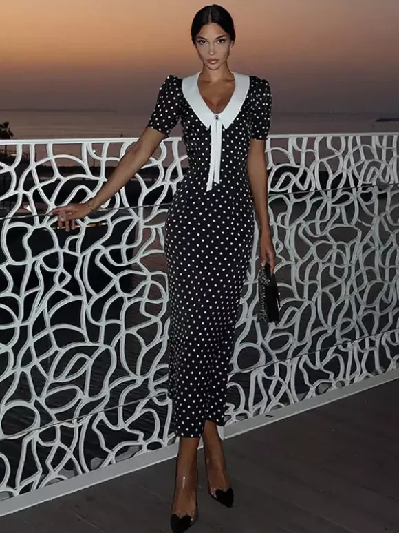 Polka Dot Maxi Dress For Women - Black Vintage Peter Pan Collar Bodycon Pencil Dress - Summer Date Night 2026