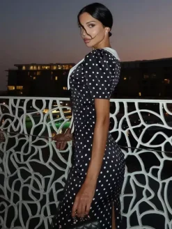 Polka Dot Maxi Dress For Women - Black Vintage Peter Pan Collar Bodycon Pencil Dress - Summer Date Night 2026
