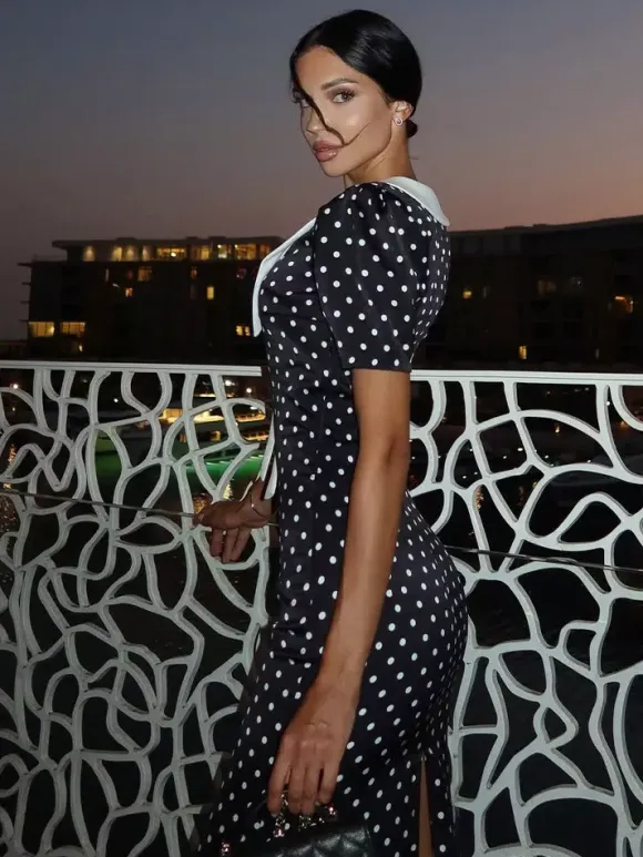 Polka Dot Maxi Dress For Women - Black Vintage Peter Pan Collar Bodycon Pencil Dress - Summer Date Night 2026