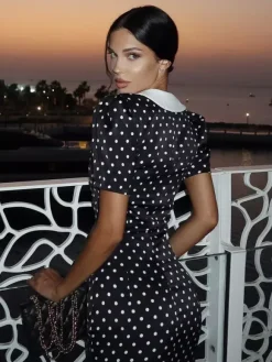 Polka Dot Maxi Dress For Women - Black Vintage Peter Pan Collar Bodycon Pencil Dress - Summer Date Night 2026