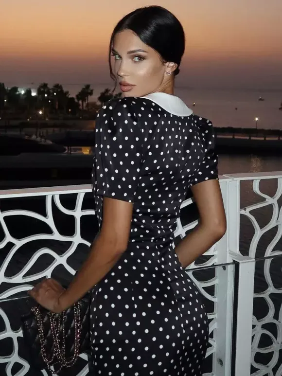 Polka Dot Maxi Dress For Women - Black Vintage Peter Pan Collar Bodycon Pencil Dress - Summer Date Night 2026