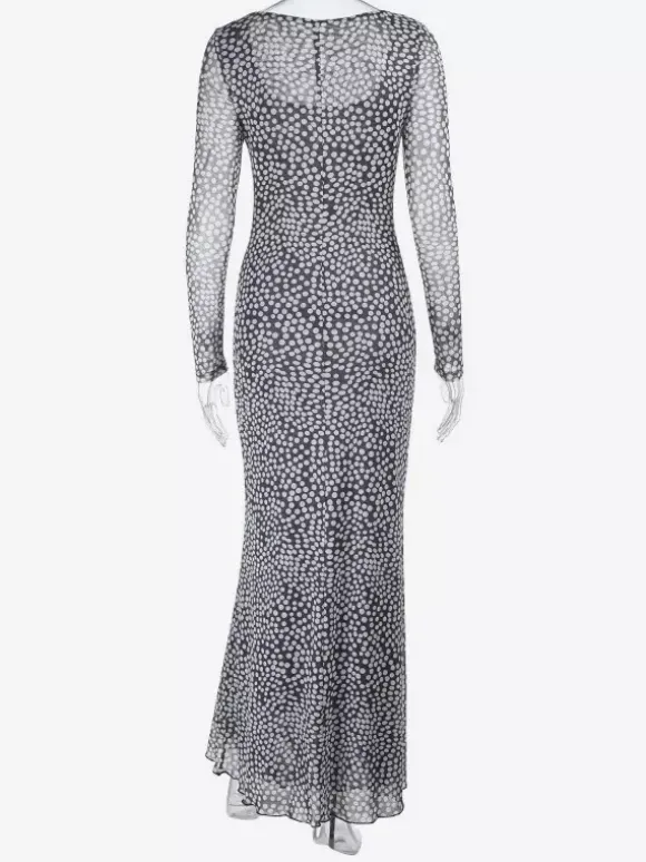 Polka Dot Mesh Women Maxi Dress - Retro Square Neck Long Sleeve Bodycon - French Chic Spring Vacation 2026