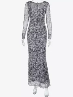 Polka Dot Mesh Women Maxi Dress - Retro Square Neck Long Sleeve Bodycon - French Chic Spring Vacation 2026