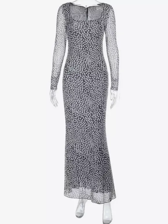 Polka Dot Mesh Women Maxi Dress - Retro Square Neck Long Sleeve Bodycon - French Chic Spring Vacation 2026