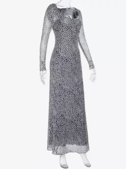 Polka Dot Mesh Women Maxi Dress - Retro Square Neck Long Sleeve Bodycon - French Chic Spring Vacation 2026