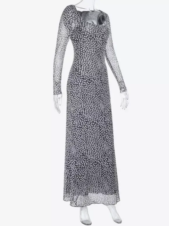 Polka Dot Mesh Women Maxi Dress - Retro Square Neck Long Sleeve Bodycon - French Chic Spring Vacation 2026
