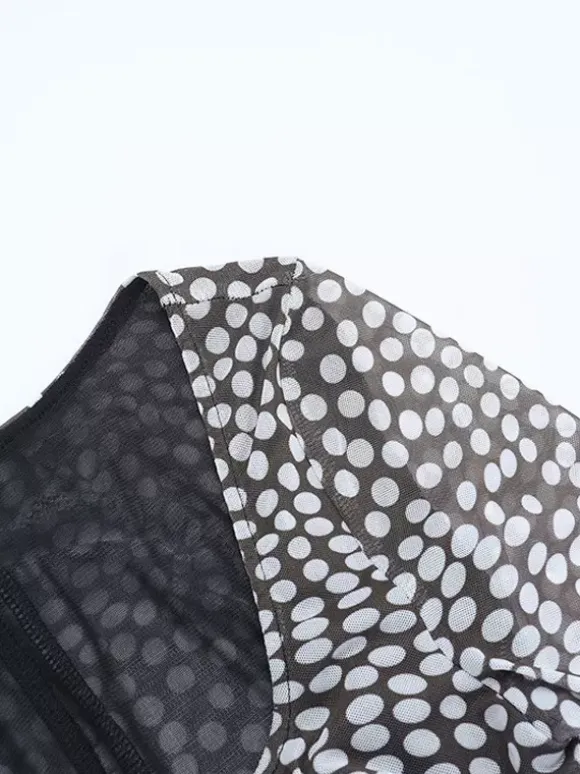 Polka Dot Mesh Women Maxi Dress - Retro Square Neck Long Sleeve Bodycon - French Chic Spring Vacation 2026