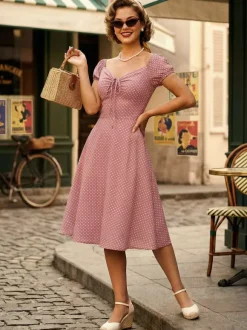 Polka Dot Midi Vintage Dress With Puff Sleeve And Front Tie 2026
